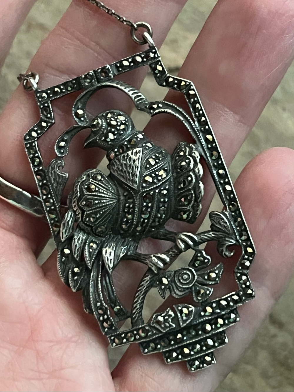 Antique Sterling Silver And Marcasite Bird Necklace - Picture 7 of 16
